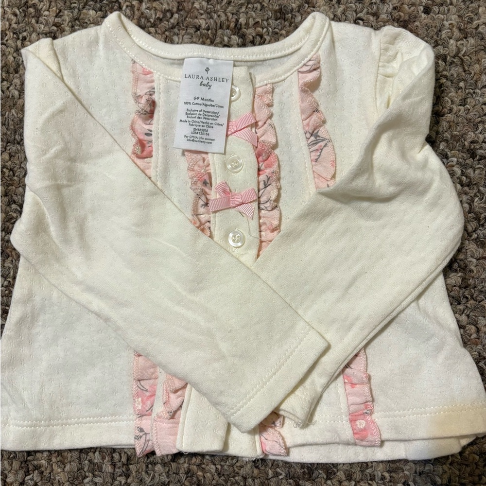 Laura Ashley Cream and Pink Button Down Shirt with Ruffle Details